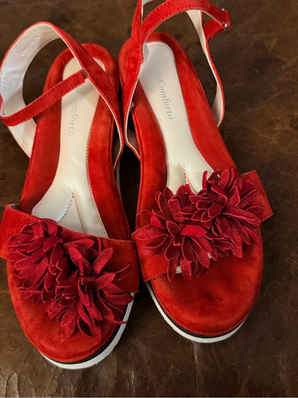 Bella Comforto Red Suede Floral Pom Pom Platform Wedge Sandals